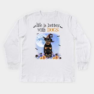 Rottweiler Witch Hat Life Is Better With Dogs Halloween Kids Long Sleeve T-Shirt